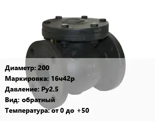 Клапан чугунный 200 16ч42р Ру25 обратный от 0 до +50